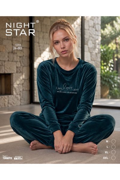 Night Star طقم بيجامة فرنسي مخملي مطبوع عليه I Just Love You باللون الزمردي