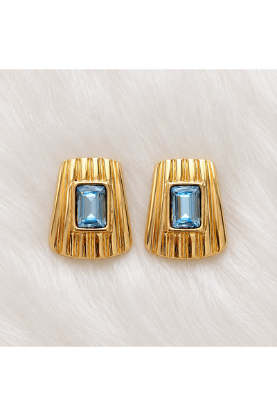 LENORE Azure Açık Mavi Baget Taşlı Çizgili Dokulu Gold Renk Vintage Kadın Küpe