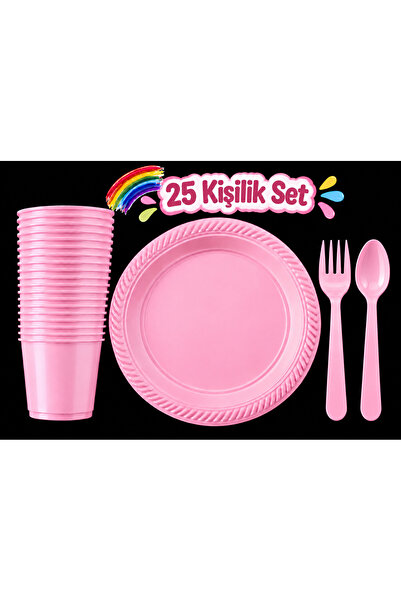 partideyince PLASTİK SERT TABAK BARDAK ÇATAL KAŞIK PEMBE RENK 25 KİŞİLİK SET
