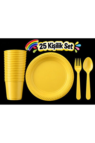 partideyince PLASTİK SERT TABAK BARDAK ÇATAL KAŞIK SARI RENK 25 KİŞİLİK SET p...