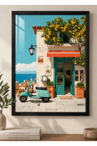 KALİA HOME Vintage İtalya Tablosu, Doğal Ahşap Çerçeveli Tablo, Minimal Çerçe...