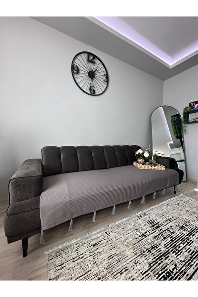 Doğa Tasseled Shawl Model Sofa Cover Smoked 230X100 |   100% Cotton Knitted, ...