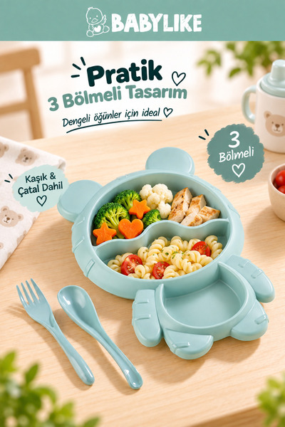Babylike Bölmeli Bebek Beslenme Tabağı – Kaşıklı Çatallı Çocuk Mama Tabağı BP...