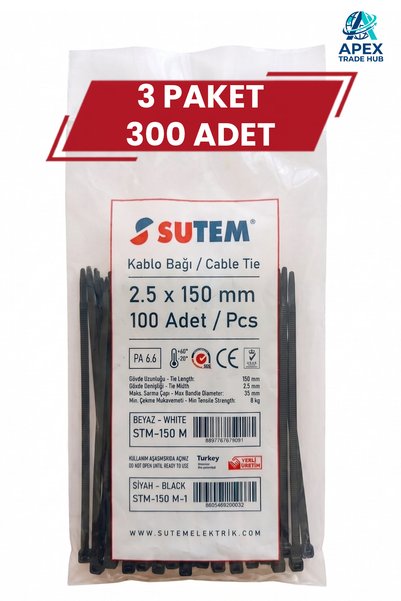 SUTEM Siyah Kablo Bağı Cırt Kelepçe 2.5 x 150 mm 300 Adet