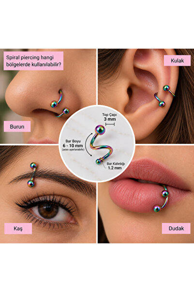 Heppii Hologram Renkli Renk Cerrahi Çelik Spiral Piercing Kulak Dudak Burun K...