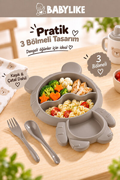 Babylike Bölmeli Bebek Beslenme Tabağı – Kaşıklı Çatallı Çocuk Mama Tabağı BP...