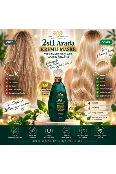 Arap Makyaj Dünyası 2 in 1 Cream Mask (250ml) Strengthening, Repairing, Keratin