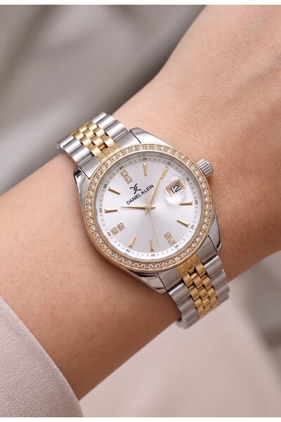 Daniel Klein Çelik Altın Bezel ve Kadranı Taşlı Kadın Saati