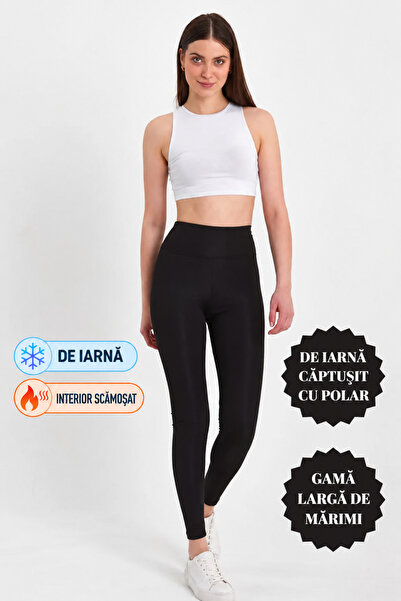 BANEGA Colanți negri din fleece pentru femei, cu talie înaltă, model înfășura...