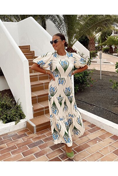 onlyvouge Balon Kol Desenli Ekru Maxi Keten Elbise