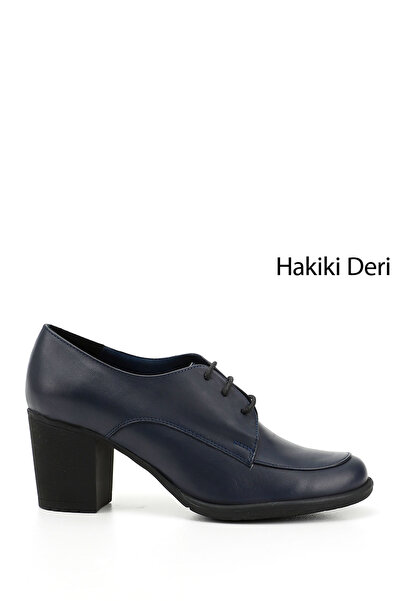 GÖNDERİ(R) Navy Blue Antique Gön Genuine Leather Round Toe Thick Heeled Rubbe...