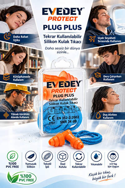 Evedey Plug Plus® Tekrar Kullanılabilir Gürültü Önleyici ve Yüzme Kulak Tıkacı