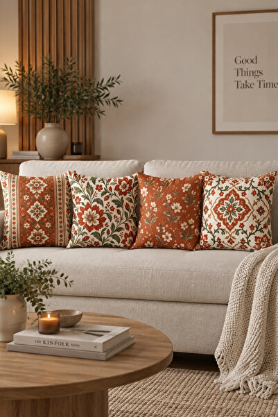 Atay Home 4'lü Kiremit Krem Vintage Çiçek ve Etnik Desenli Dekoratif Kırlent ...
