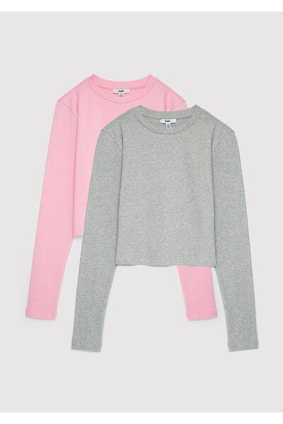 Mavi 2li Uzun Kollu Crop Basic Tişört Fitted / Vücuda Oturan Kesim 1613021-71014