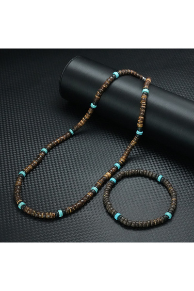 Choice Black Stylish 2Pcs Wooden Beaded Bracelet Necklace Set Men Natural Coc...