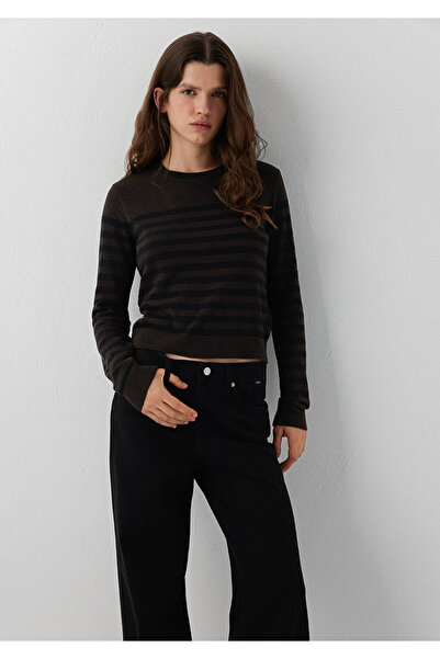 Mavi Yün Karışımlı Çizgili Kahverengi Triko Slim Fit / Dar Kesim 1720096-84517