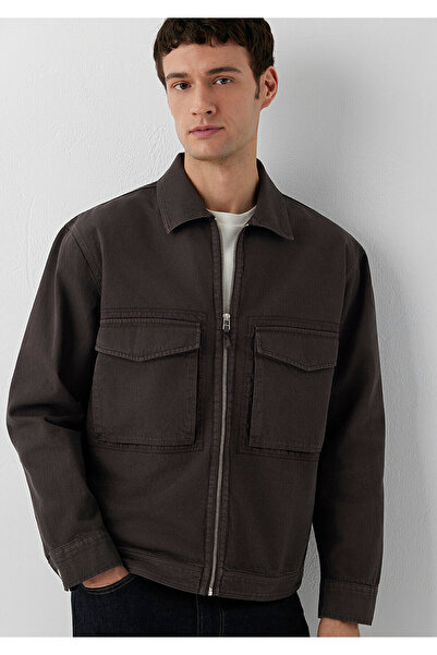 Mavi Cepli Kahverengi Gömlek Oversize / Geniş Kesim 0212123-70219