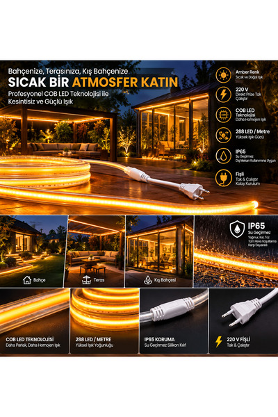 YEO AYDINLATMA COB LED Hortum Şerit Led Amber Rengi 220V IP65 Su Geçirmez Dış...