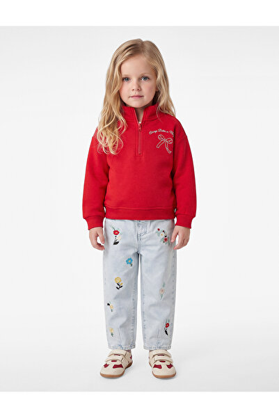 Koton Bowknot Printed Shawl Collar Long Sleeve Zippered Sweatshirt