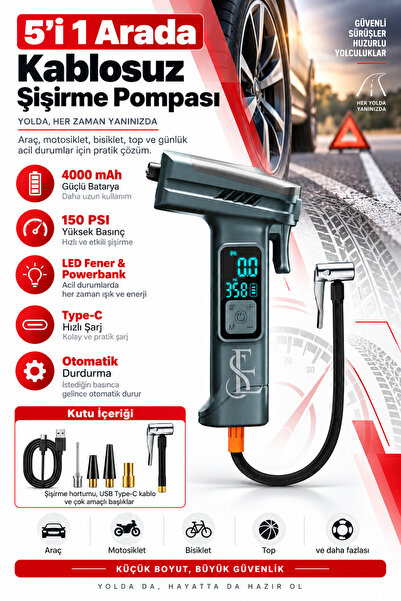 EN SİGA Kablosuz Hava Pompası 5'i 1 Arada Powerbank Fener Cam Kırıcı Kemer Ke...