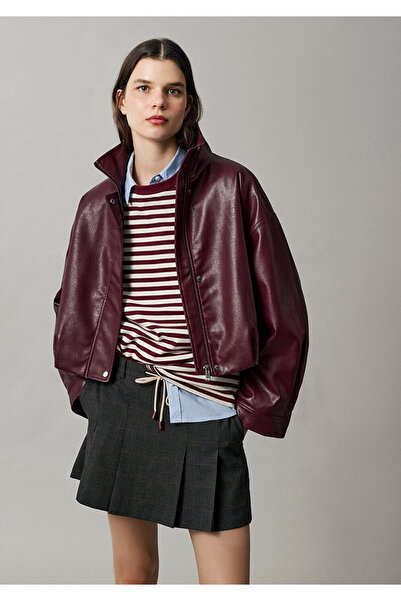 Mavi Beli Lastikli Bordo Suni Deri Ceket Oversize / Geniş Kesim 1110865-70434
