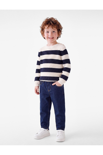 Koton Button Detailed Long Sleeve Crew Neck Striped Knitwear Sweater