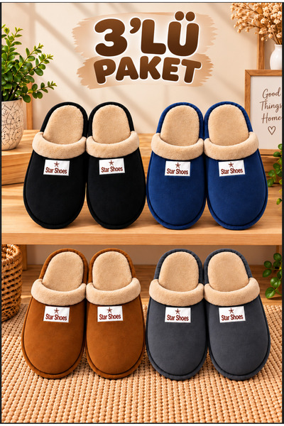 star shoes 3'lü Kışlık Ev Terliği Kışlık Terlik Misafir Terliği