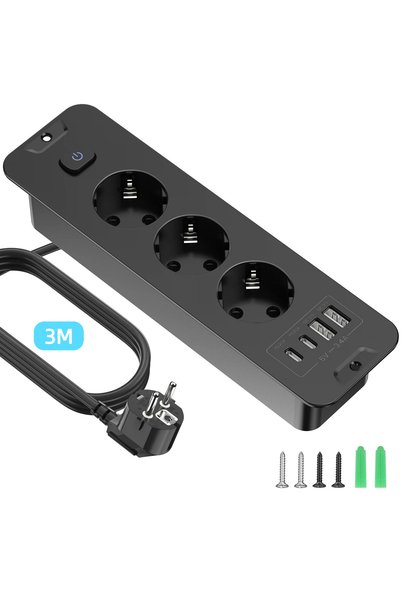 Choice7 110-250V EU 3AC 3m black 7-in-1 Ultra-Thin Embedded Socket with Switc...