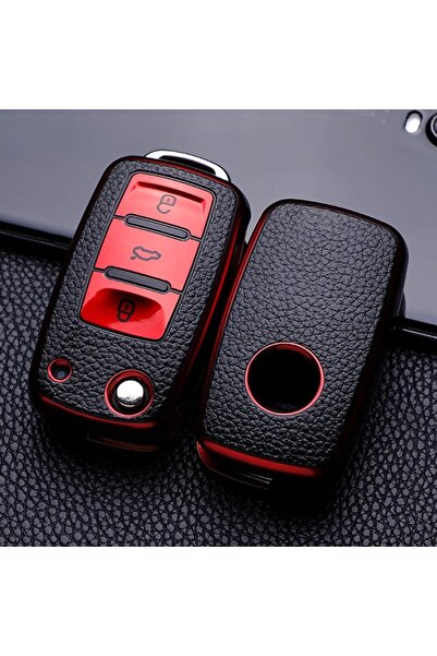 Choice3 Red Leather TPU Car Key Case Car Key Full Cover Protection Bag for VW...
