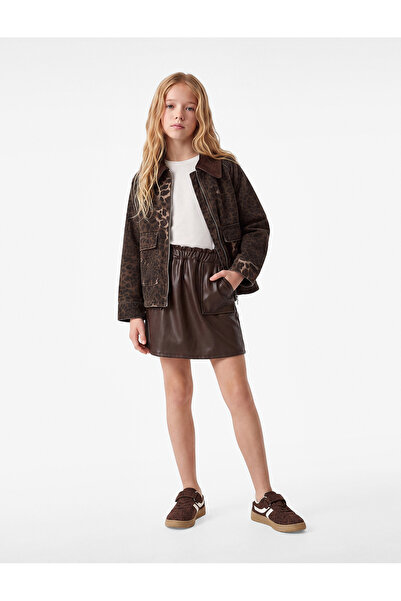 Koton Faux Leather Skirt with Pockets, Elastic Waist and Ruffles
