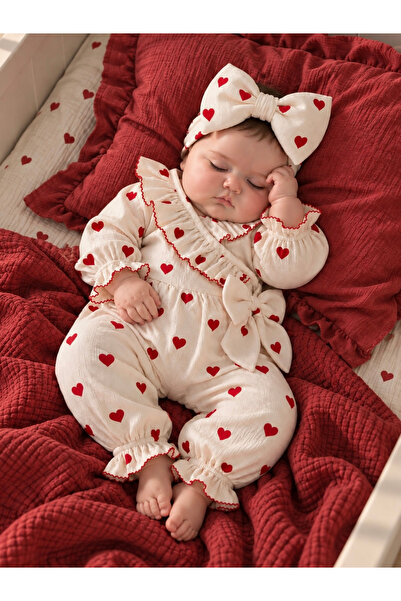 Jammybaby Amore Tulum Kalp Desenli Kroşeli %100 Pamuk Tulum ve Bandana Takım