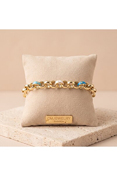 CM Jewelry Vıp Seri 316L Çelik Gold Renk Renkli Mineli Kalın Halka Zincir Bil...