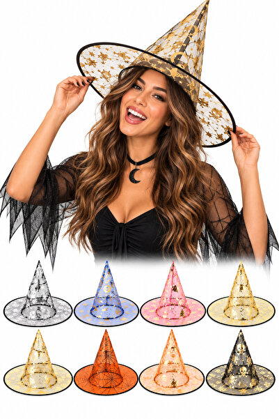 Parti dolabı Halloween Şeffaf Cadı Şapkası Altın Örümcek Desenli Cadılar Bayr...