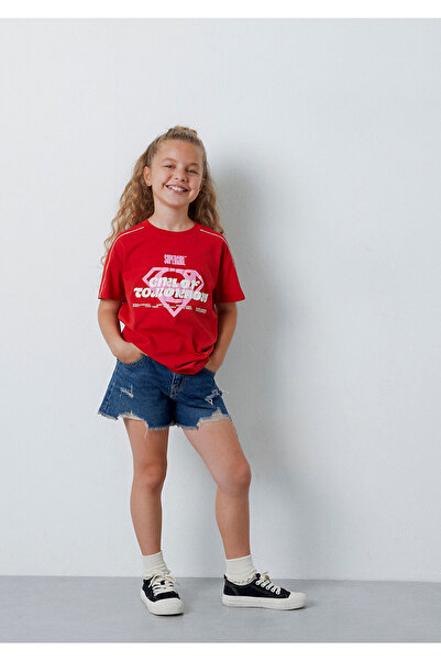 Mavi Supergirl Baskılı Kırmızı Tişört Loose Fit / Bol Rahat Kesim 7610497-80638