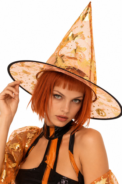Parti dolabı Halloween Cadı Şapkası Yarasa Örümcek Turuncu GoldBaskılı, Cadıl...