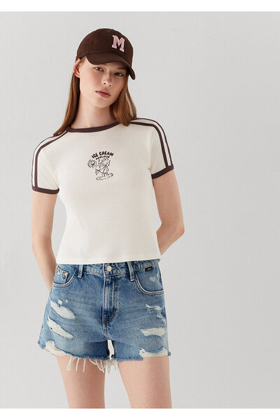 Mavi Piping Detailed Printed Ecru T-Shirt Fitted / Body-Fitting Cut 1614342-8...