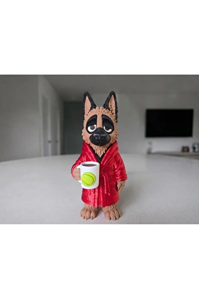 FDI3D Figurină decorativă Ciobănesc German cu cană de cafea, imprimată 3D, PL...