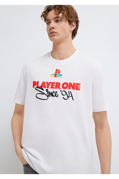 Mavi Player One Baskılı Beyaz Tişört Loose Fit / Bol Rahat Kesim 0613185-620