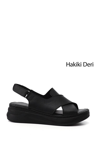 GÖNDERİ(R) Kadın Siyah Cırt Bantlı Dolgu Topuk Hakiki Deri Comfort Sandalet