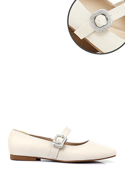 GÖNDERİ(R) Women's Beige Satin Stone Ankle Strap Mary Jane Ballerinas