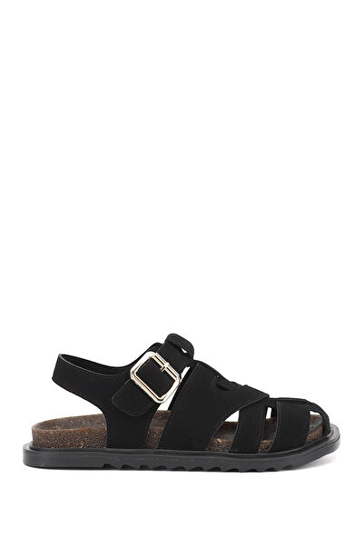 GÖNDERİ(R) Women's Black Suede Buckled Straps Closed Toe Sandals