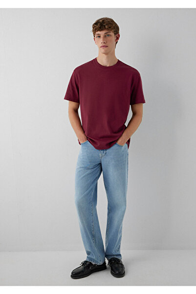Mavi Etiket Detaylı Bordo Basic Tişört Loose Fit / Bol Rahat Kesim 0611824-70394