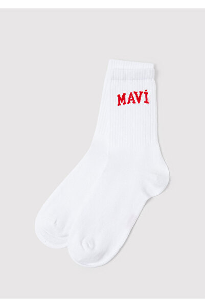 Mavi Logo Detaylı Beyaz Soket Çorap 1912726-20454