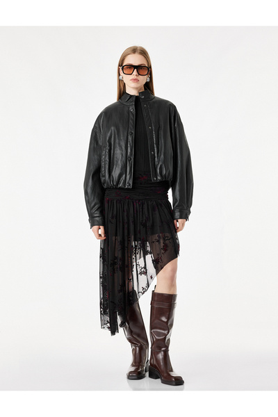 Koton Drapeli Asymmetrical Velvet Floral Patterned Tulle Skirt