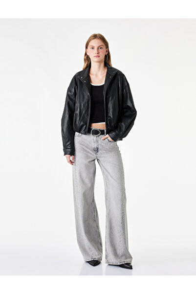 Koton Washable Loose-Fit Wide-Leg Denim Trousers with Pockets and Stones - Lo...