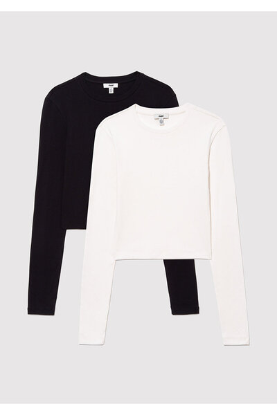 Mavi 2li Uzun Kollu Crop Basic Tişört Fitted / Vücuda Oturan Kesim 1613021-70057