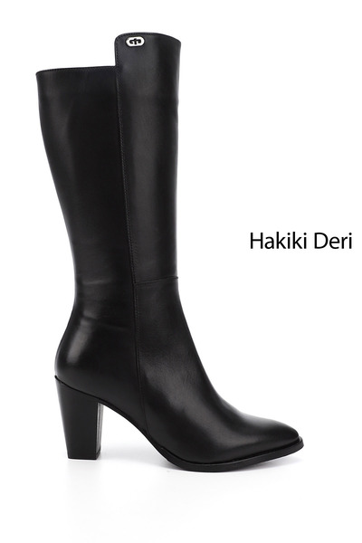 GÖNDERİ(R) Kadın Siyah Sivri Burun Kalın Topuklu Hakiki Deri Çizme