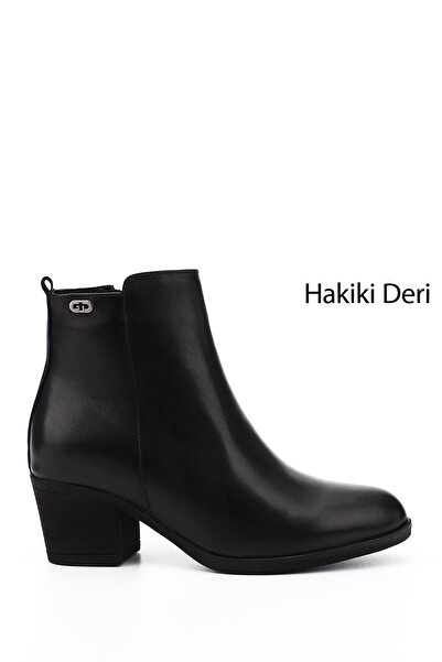 GÖNDERİ(R) Women's Black Zippered Thick Heeled Genuine Leather Boots