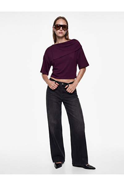 Koton Viscose Blended Layered Collar Off-The-Shoulder Bat Sleeve Plum Color B...