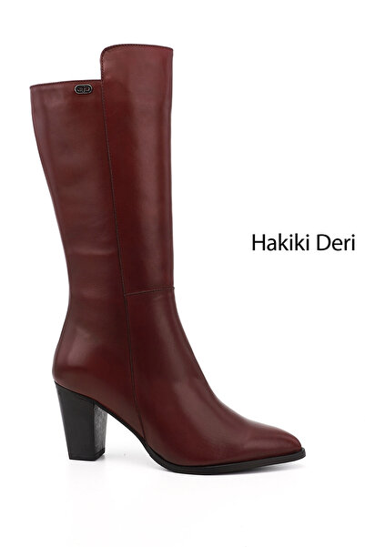 GÖNDERİ(R) Women's Burgundy Antique Pointed Toe Thick Heeled Genuine Leather ...